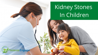 A picture of a doctor examining a child with her mother about kidney stones