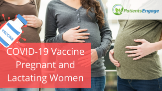 Stock image of pregnant women with a text panel that says Covid 19 vaccine pregnant and lactating women