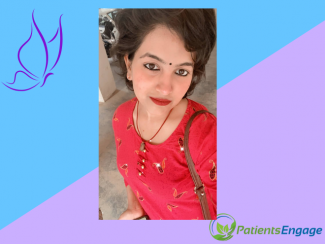 Profile pic of the author Shambhavi in a red dress framed in a blue and lavender background with a butterfly on the top left corner