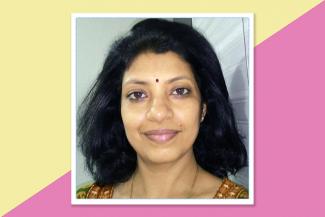 Profile pic of a young woman framed in a yellow and pink 