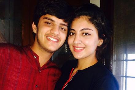 Image description: On the left is Pranav an autistic young man in a red shirt, black hair and on the right is his older sister in a black dress talking of their relationship as siblings